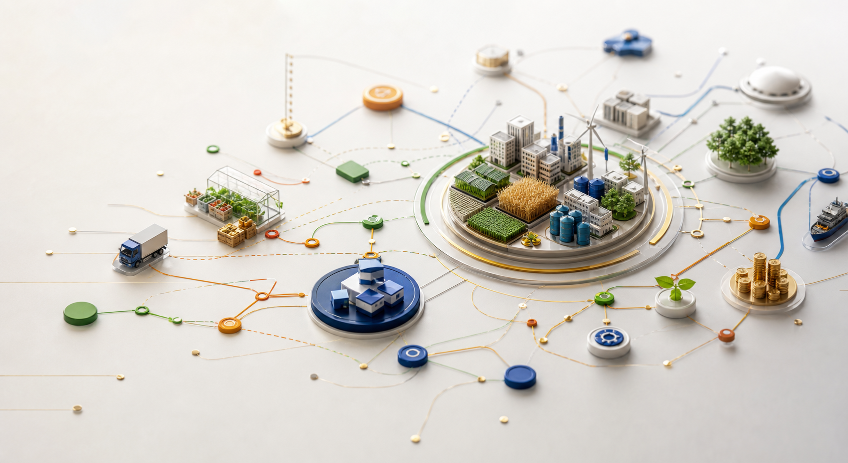 Interconnected systems visual for technology, food security, community, and financial literacy
